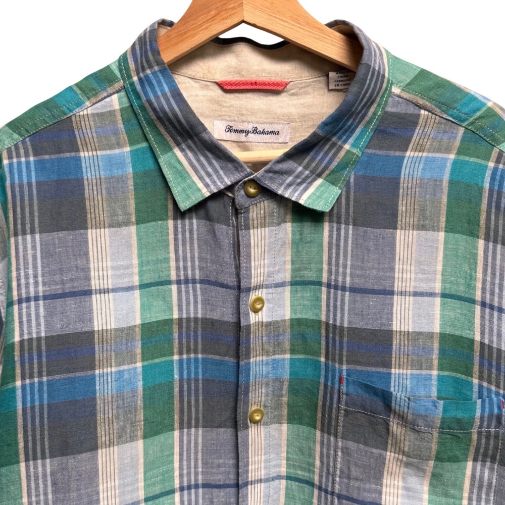 Tommy Bahama Mens XXL Blue Green Plaid 100% Linen Button Up Shirt Preppy Goblin